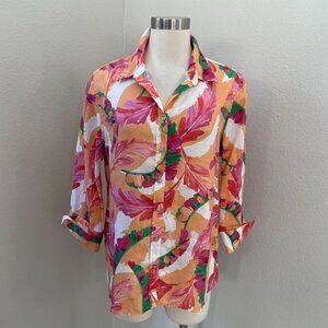 Chicos Womens 12 No Iron Linen 3/4 Sleeve Foliage Shirt Floral 3/4 Sleeve Top